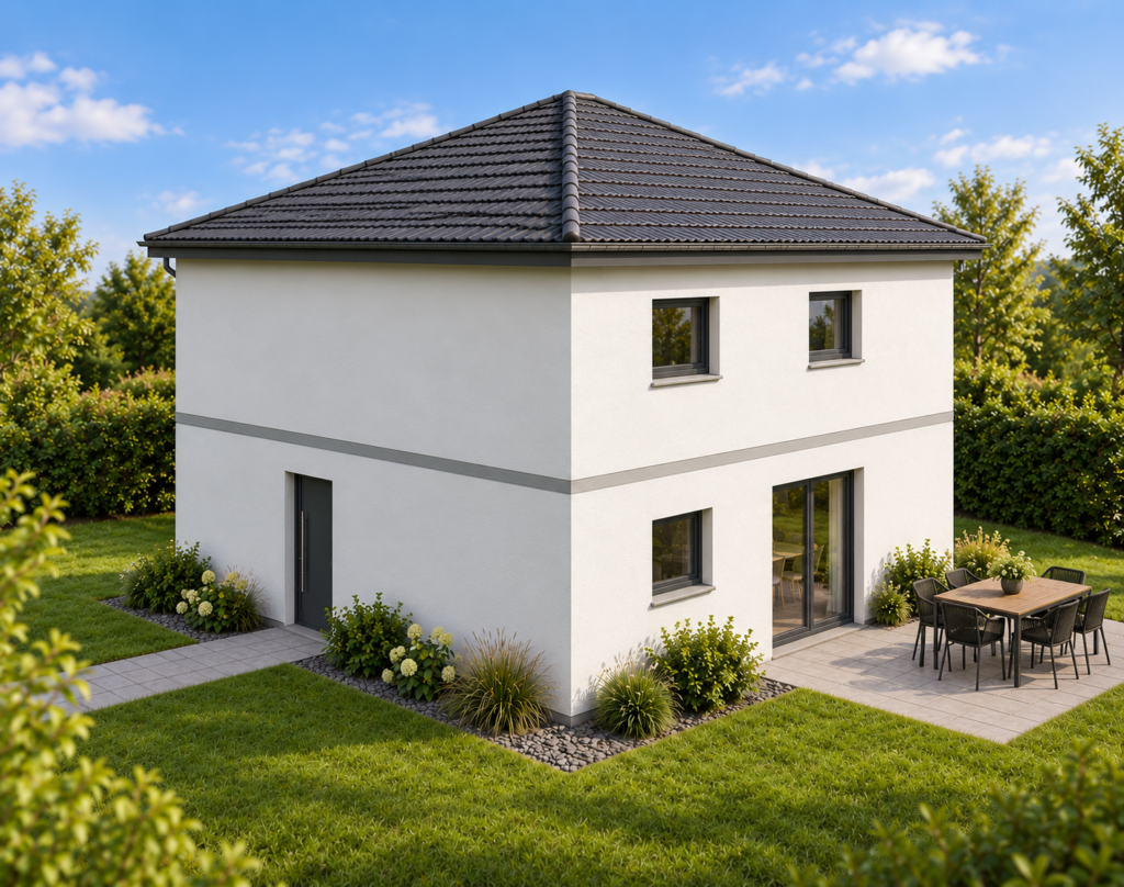 3D-Visualisierung eines zweigeschossigen Einfamilienhauses mit Walmdach, Terrasse und Garten