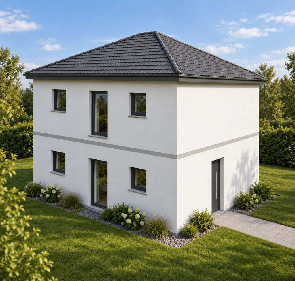 Südwestansicht eines zweigeschossigen Einfamilienhauses mit Walmdach, weißer Fassade und Garten als 3D-Visualisierung