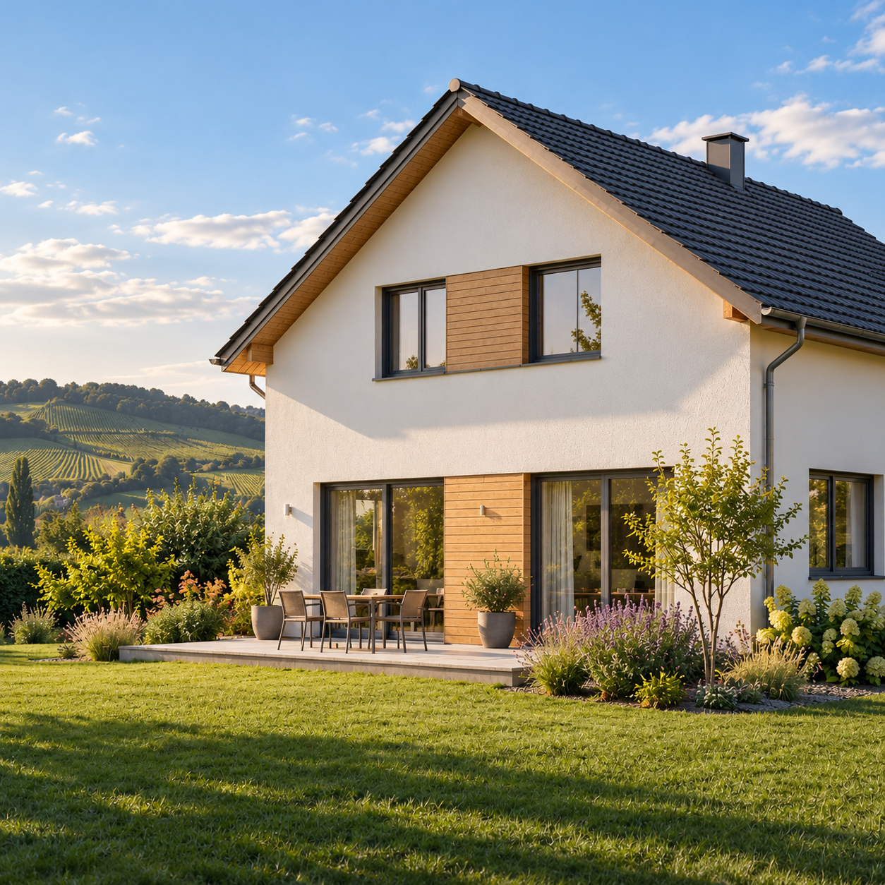 Architekturvisualisierung eines Einfamilienhauses mit Satteldach und Garten in einer niederösterreichischen Landschaft.