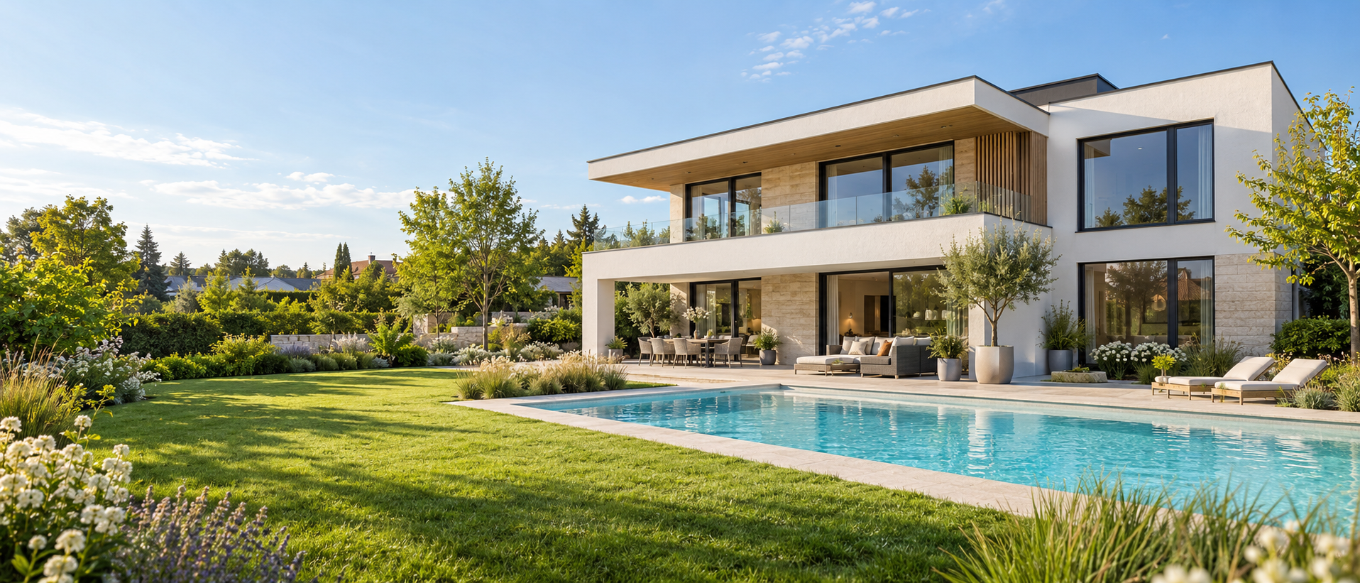 Architekturvisualisierung einer modernen Villa mit Garten und Pool